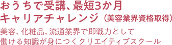 おうちで受講、最短3か月キャリアチャレンジ（美容業界資格取得） 美容、化粧品、流通業界で即戦力として働ける知識が身につくクリエイティブスクール